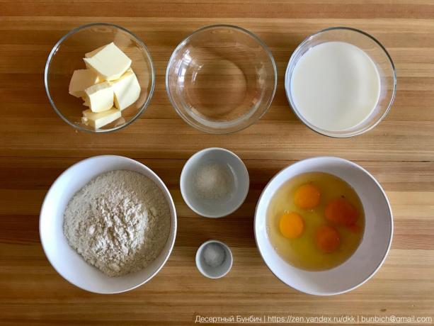 220 g melk 140 gram boter. 100 g water. 0,5 uur. eetlepels zout. 2 uur. lepels suiker. 200 gram bloem. 6 eieren